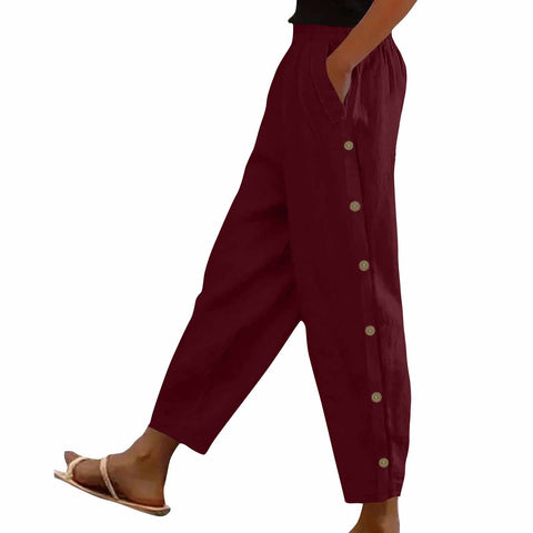 Side button pocket solid color mid-waist cotton and linen casual loose trousers m302831