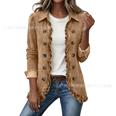 Jacket Edge Button Cardigan Women's Lapel Button Loose Casual Denim Jacket FF303254