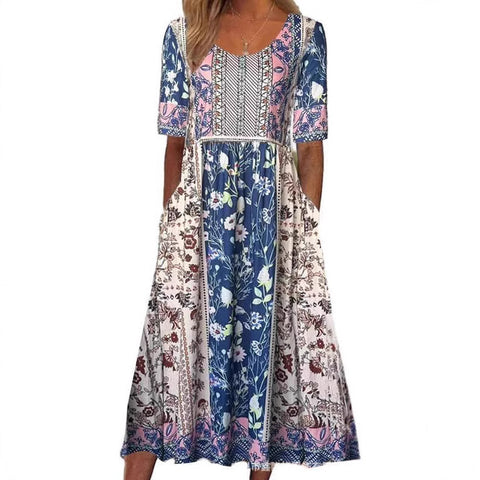 Damen Casual Rundhals Pullover Kurzarm 3D Druck Plissee Taille Swing Langes Kleid m301299 