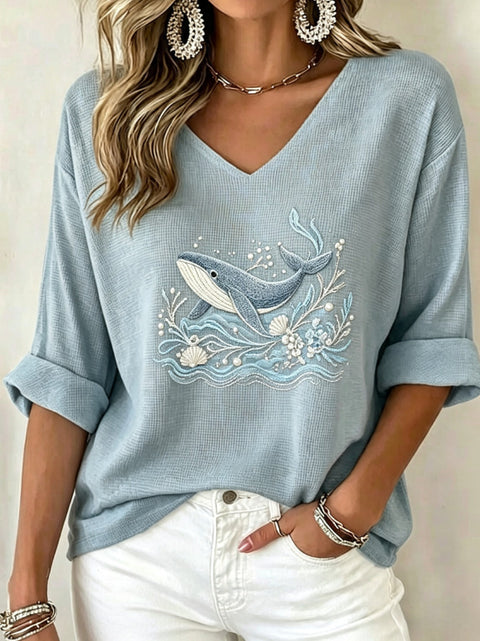 Shoulder V-neck long-sleeved pullover print women's T-shirt m303200