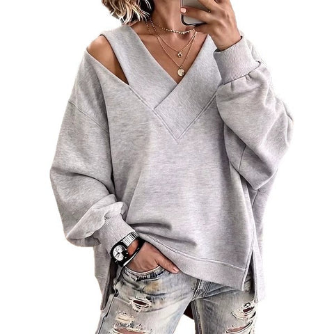 Open shoulder sweater autumn and winter new age-reducing foreign style V-neck leopard print long-sleeved top FF303328