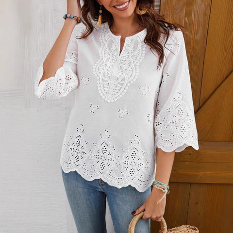 Chemise élégante et sexy à col en V et bordure en dentelle, nouvelle collection printemps et été à manches sept-quarts m301472 
