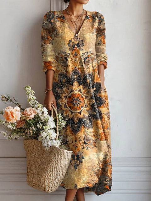 Women's loose V-neck fashion high-end long-sleeved printed collar dress m302766