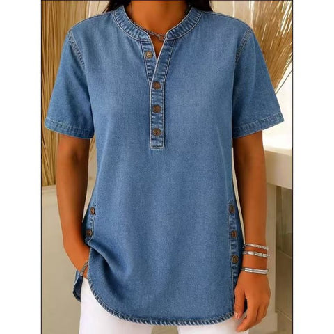 Crew Neck Button Daily Commuter Denim Casual Short Sleeve T-Shirt FF303259