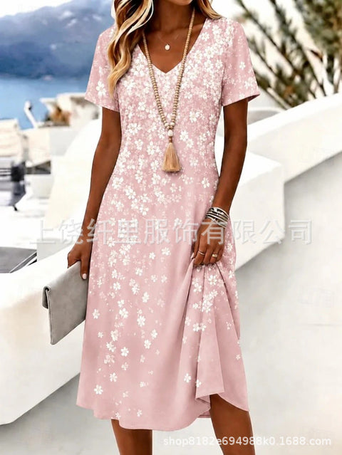Printed women's v-neck short-sleeved temperament fashion dress m303046