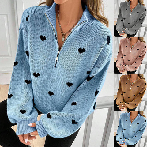 Foreign trade knitted long-sleeved love pattern zipper sweater FF303299