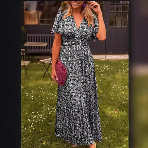 Temperament bedrucktes Kleid mit V-Ausschnitt und Taille m301307 