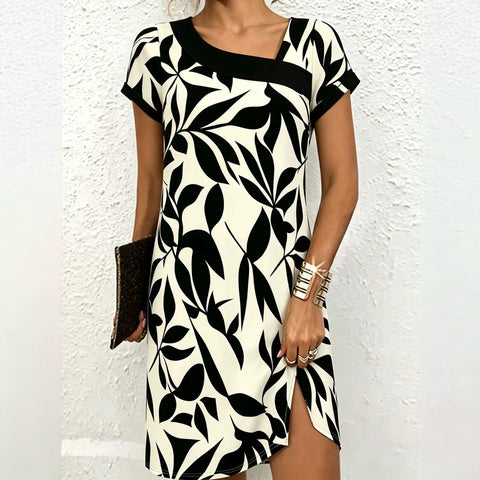 3D digital printing short-sleeved diagonal collar slim big skirt dress creative floral dress FF303359