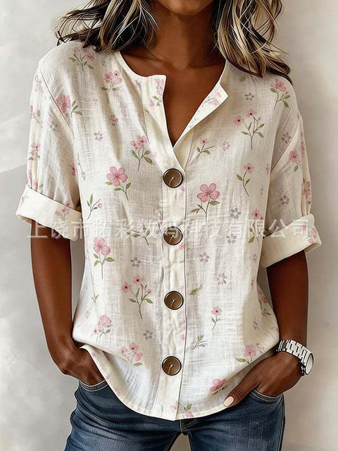 V-neck shirt long-sleeved printed button-down women's shirt m302710