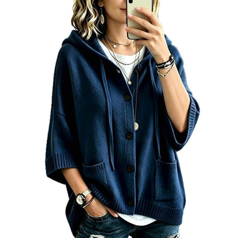 Multi-color hooded knitted cardigan loose seven-quarter sleeve sweater FF303358