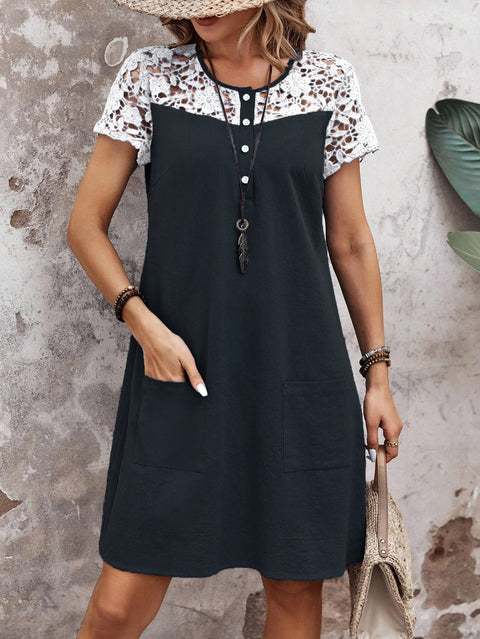 Frühling und Sommer neue Damenbekleidung lässig lose Kontrastfarbe Spitze Spleißen Tasche Kleid m301448 