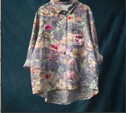 Long Sleeve Bamboo Linen Printing Fashion Versatile Lapel Shirt m301040