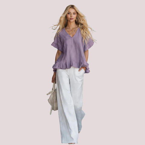 V-neck shirt with ruffle edge Fashion casual short-sleeved top FF303331