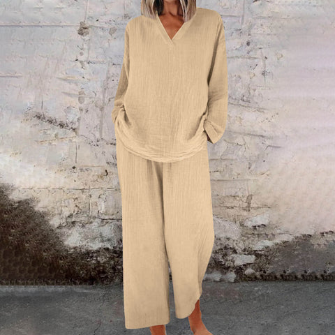 Lässiger Pullover mit V-Ausschnitt, lange Ärmel und Hosen mit Tasche, mehrfarbiger Baumwollanzug für Damen m301441 