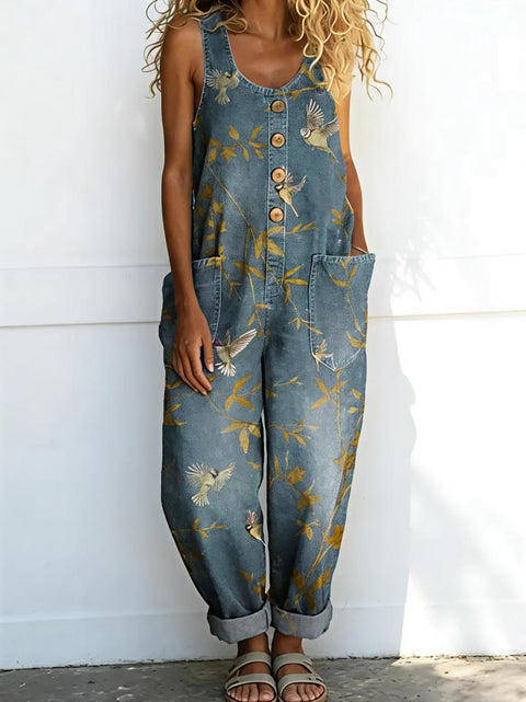 Retro trend wide-leg pants overalls women's sleeveless imitation denim m302436