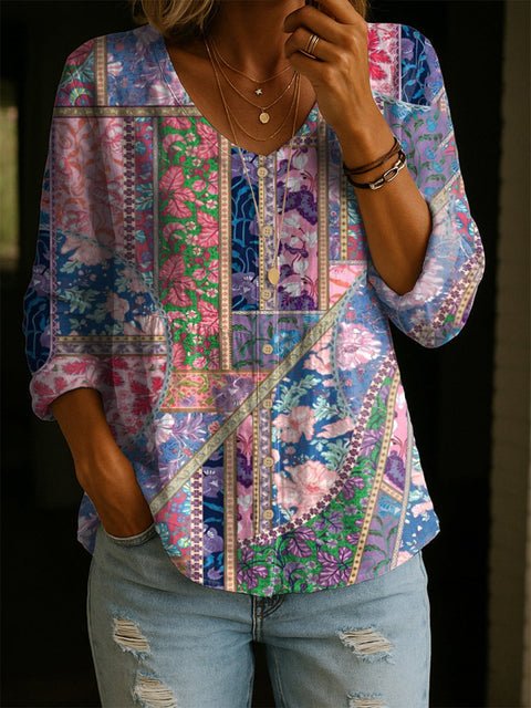 Crew Neck Women's Floral 3D Printed Henley Shirt FF303180