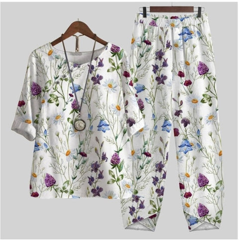 Split sleeved printed top and pants two-piece set m300036