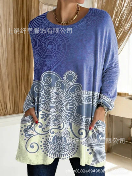 3D printed women's new medium and long pocket round neck pullover fashion T-shirt m303192