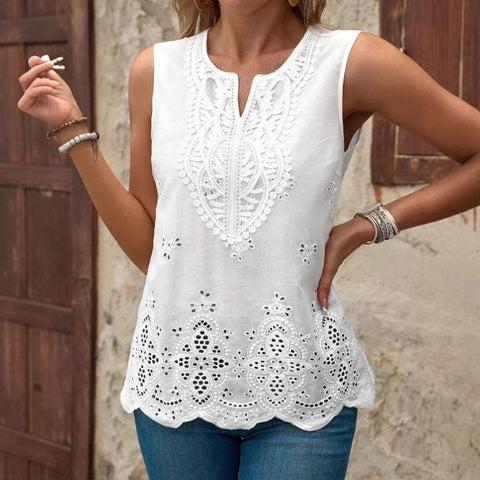 Nouveau haut sans manches à col en V en dentelle brodée pour femme m301480 