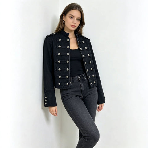 Stand-up collar black washed denim short jacket metal buckle shoulder badge slim fit fashion short women's jacket FF303317