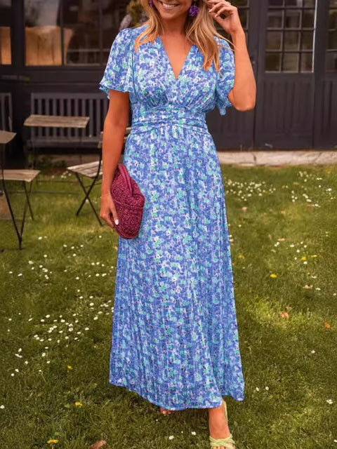 Temperament bedrucktes Kleid mit V-Ausschnitt und Taille m301307 