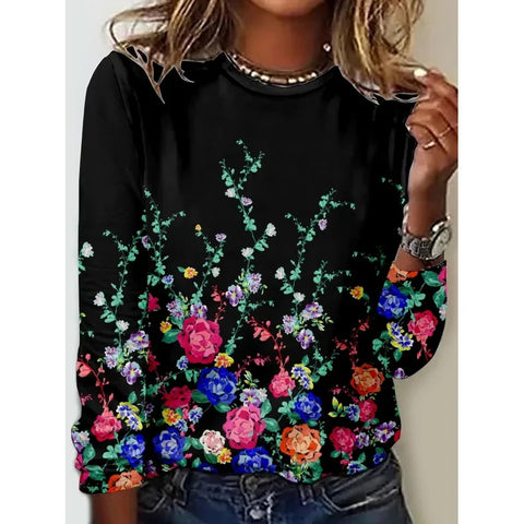 Langarm T-Shirt Damen Einfarbig Blume m300934 