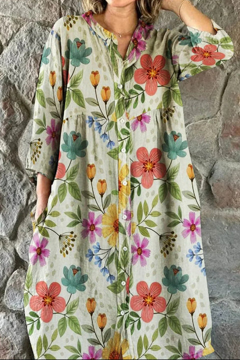 Women's Loose Crew Neck Fashion Premium Long Sleeve Printed Shirt Dress m301050