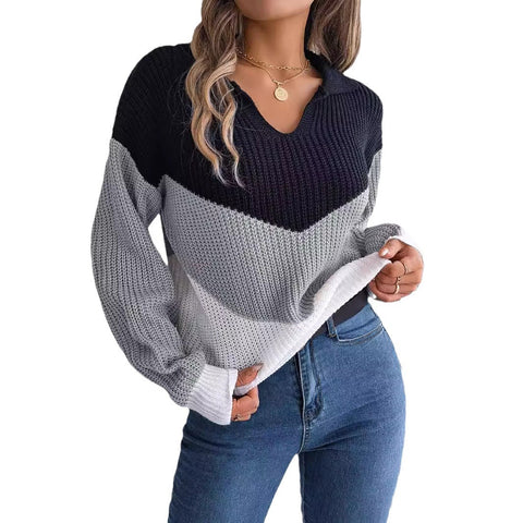 Lässiger Strickpullover mit Revers und Kontrastfarbe, langärmelig, m300571 