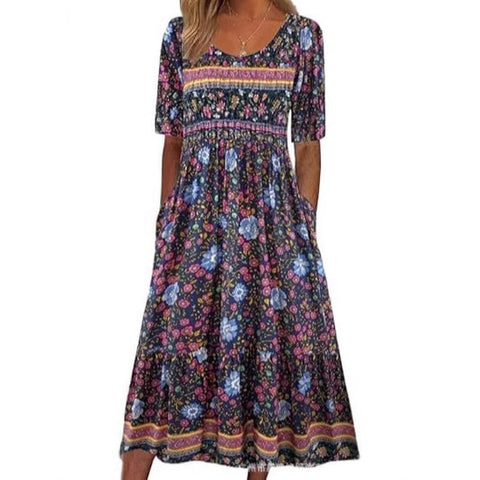 Damen Casual Rundhals Pullover Kurzarm 3D Druck Plissee Taille Swing Langes Kleid m301299 