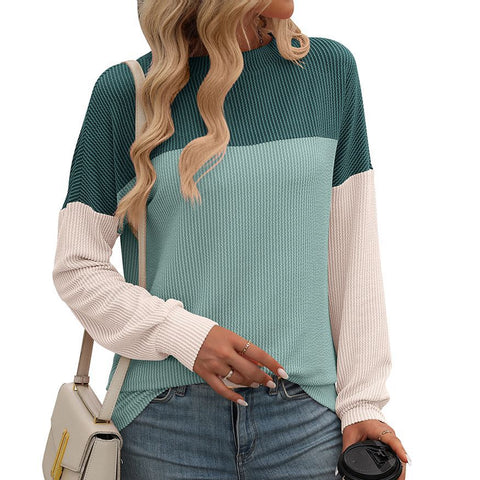 Neues Rundhals-Twist-Streifen-Farben-Matching-Langarm-loses T-Shirt für Damen m300963 