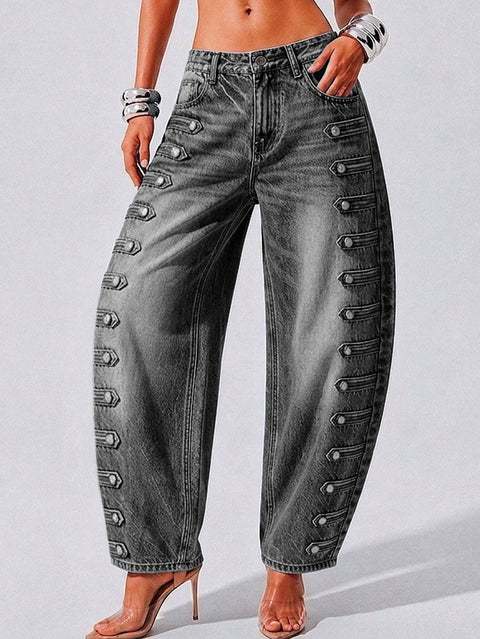 Court style high waist scimitar jeans women loose and thin street hipster versatile button washed trousers FF303268