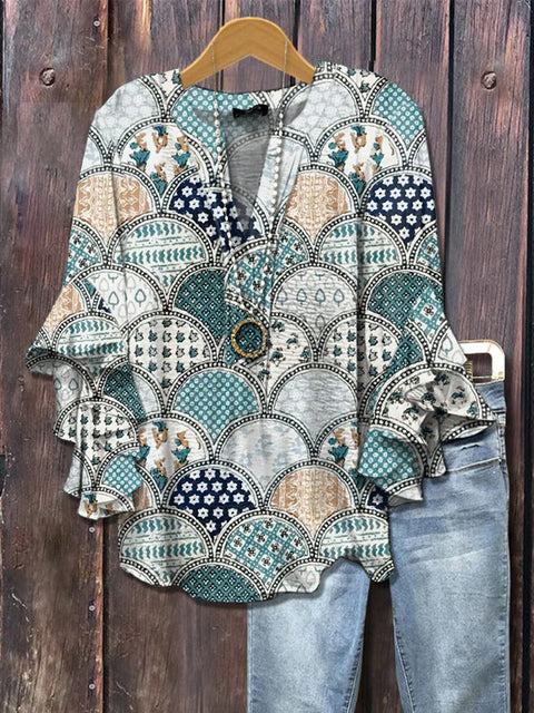 Creative floral element printing digital printing casual trend V-neck lotus edge horn T-shirt m302747