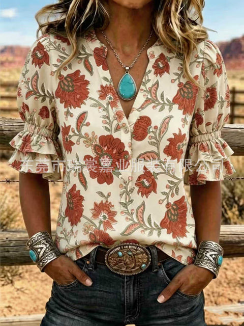 V-neck three-button top digital print horn-sleeved shirt FF303334