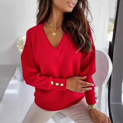 Lässiges, lockeres, einfarbiges Button-Down-T-Shirt mit V-Ausschnitt und langen Ärmeln für Damen m300410 