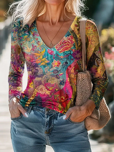 Casual V-neck long-sleeved pullover digital printing T-shirt FF303115
