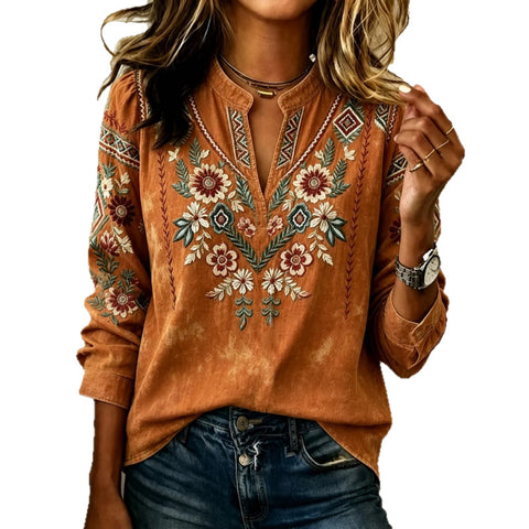Women's unique floral print long-sleeved hollow shirt FF303347