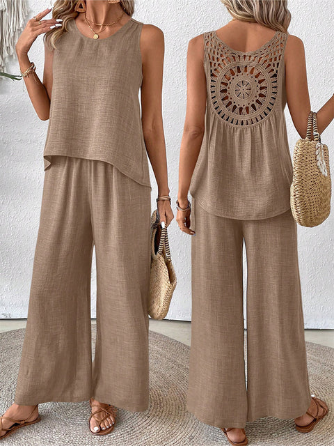 Frühling und Sommer einfarbig hohle Spitze zweiteilige Mode lässig Weste breite Beinhosen Hose m301367 
