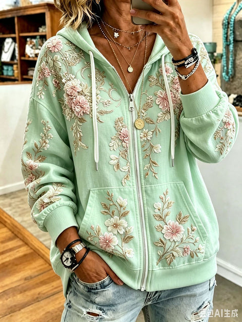 Sequin floral elements 3D digital printing loose casual hooded sweater m303215