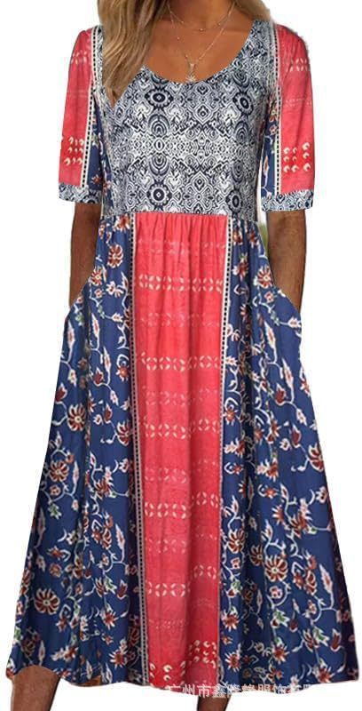 Damen Casual Rundhals Pullover Kurzarm 3D Druck Plissee Taille Swing Langes Kleid m301299 