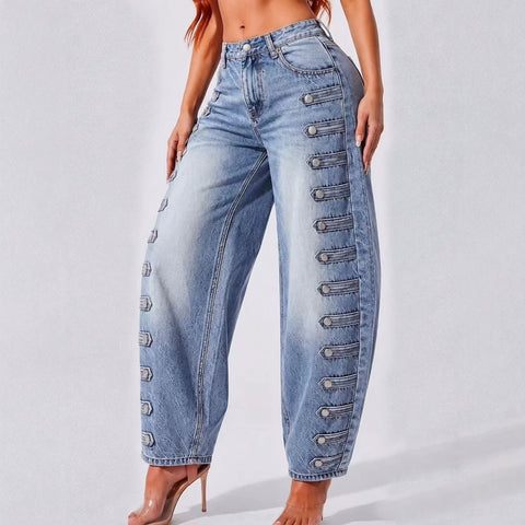 Court style high waist scimitar jeans women loose and thin street hipster versatile button washed trousers FF303268
