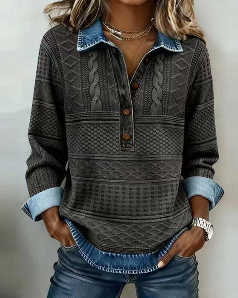 Wind knitted lapel long-sleeved shirt women's autumn and winter versatile casual shirt splicing denim m302241