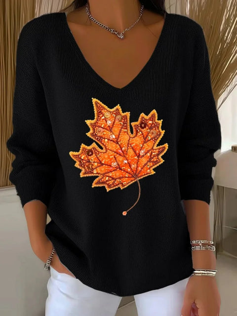 Shoulder V-neck long-sleeved autumn leaf 3D digital printing women's top FF303401