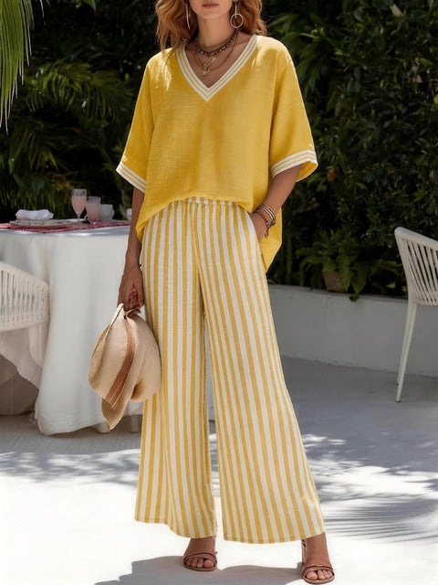 Women's casual striped comfortable loose V-neck two-piece set m302912