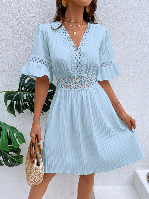 Spleißen spitze mode V-ausschnitt taille einfarbig kleid m300990 