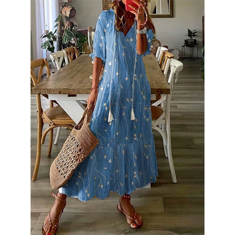 Kurzärmliges Maxikleid in A-Linie mit Blumenmuster und V-Ausschnitt m161507780 