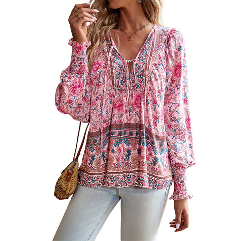Chemise imprimée tempérament commerce extérieur col en V manches longues haut m300866 