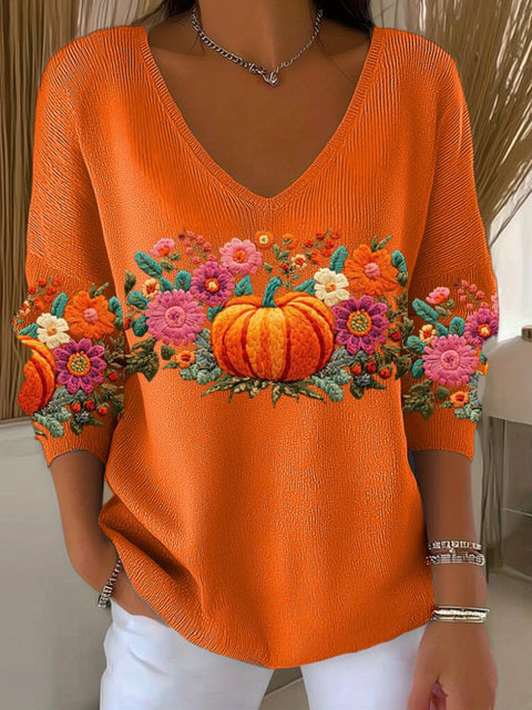 Shoulder V-neck long-sleeved autumn leaf 3D digital printing women's top FF303401