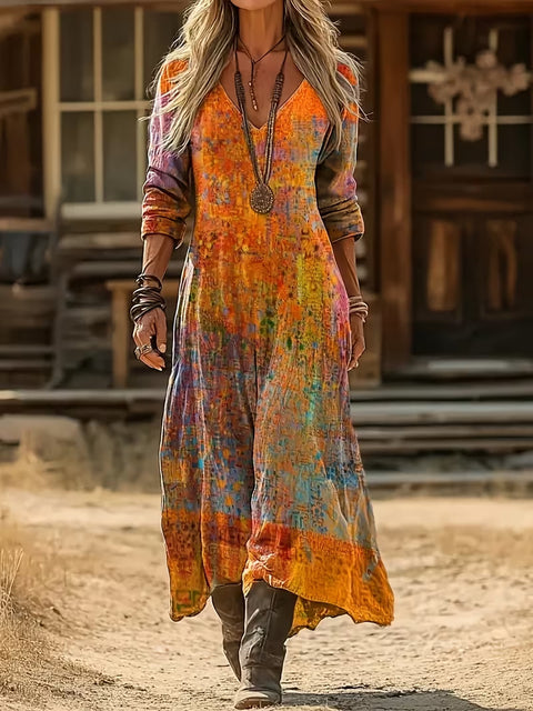 Creative tie-dye 3D printing women's new V-neck long-sleeved dress medium and long dress m302799