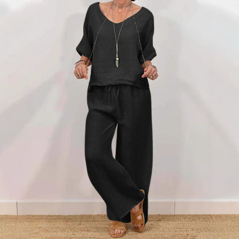Lässiger V-Ausschnitt-Pullover mit Fünfviertelärmeln und Hose, mehrfarbig, zweiteiliges Damen-Set m301430 