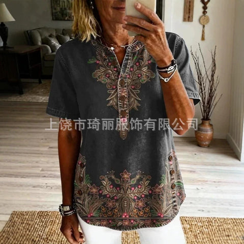 Women's Floral Print V-Neck Casual Women's Short Sleeve Top FF303332